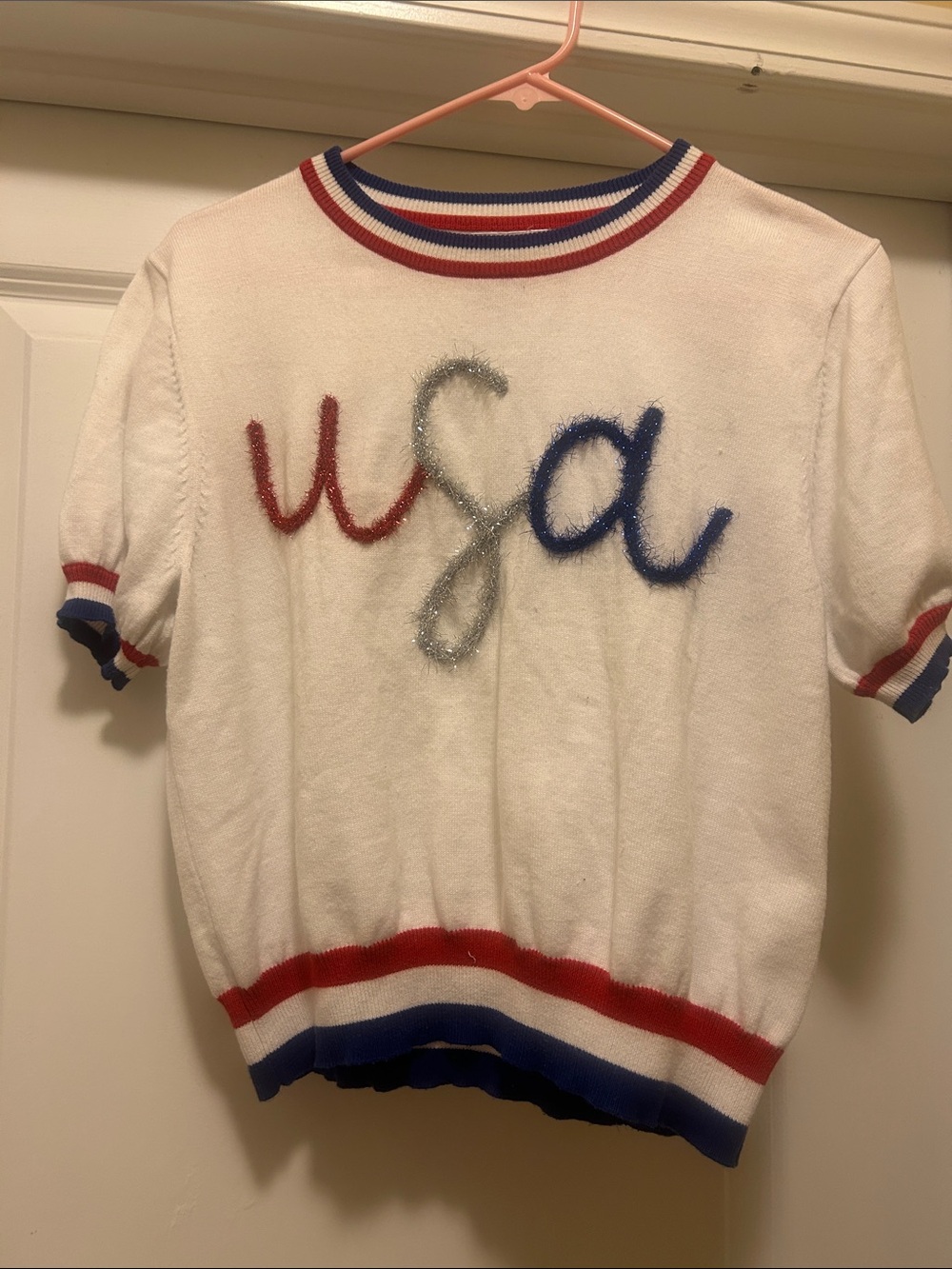 White 'USA' Short Sleeve Sweater with Red & Blue Trim - Picture 1 of 4